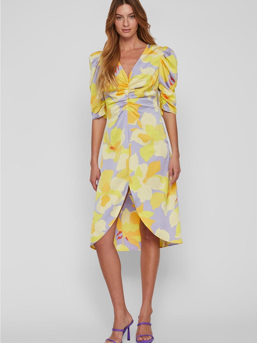 Floral V-Neck Puff Sleeve Midi Dress in Yellow & Lavender